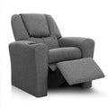 Grey fabric kids recliner chair with footrest extended in reclined position, angle view on white background