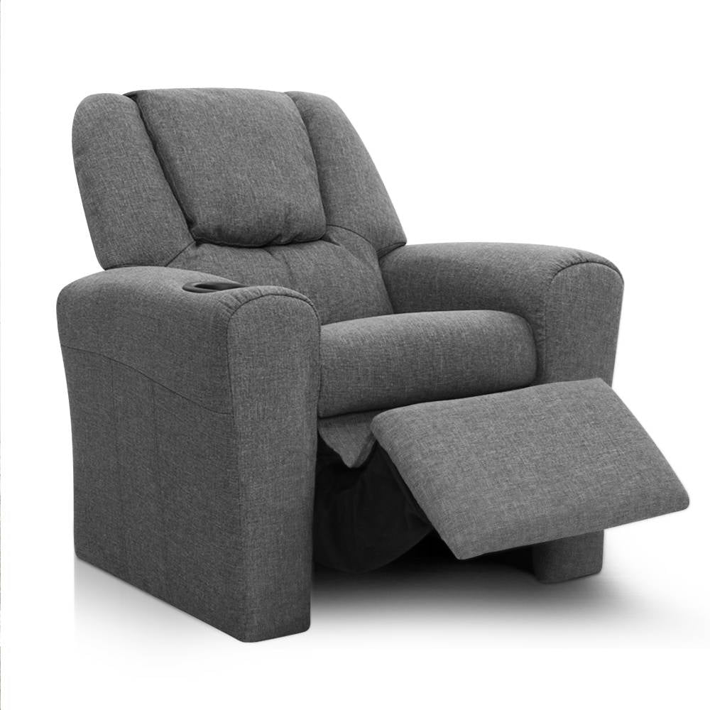 Grey fabric kids recliner chair with footrest extended in reclined position, angle view on white background