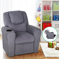 Light grey kids recliner with cup holder, toy shelf in background, inset showing chair in reclined position