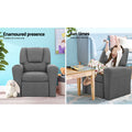 Grey kids recliner lifestyle: children's room with toys, text: Enamoured presence; girl reading in recliner, text: Fun times