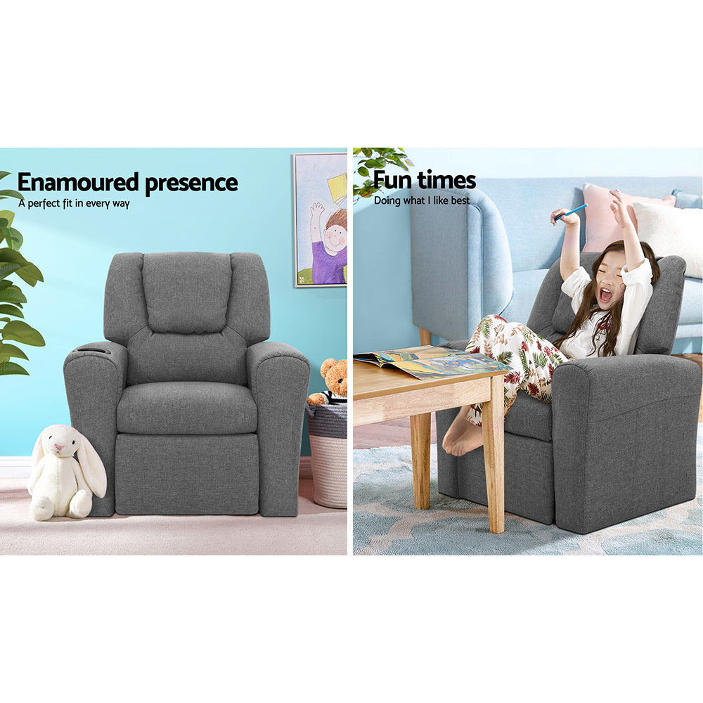 Grey kids recliner lifestyle: children's room with toys, text: Enamoured presence; girl reading in recliner, text: Fun times