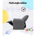 Kids recliner infographic: 5 recline positions 110-160 degrees, side view of chair fully reclined, text: Multi-angle recliner