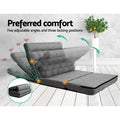 Grey linen floor lounger infographic showing five reclining angles 30 to 80 degrees and orange tree background