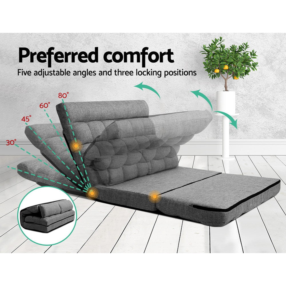 Grey linen floor lounger infographic showing five reclining angles 30 to 80 degrees and orange tree background