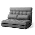 Grey linen 2-seat floor lounger upright on white background, three-quarter front-right angle, two bolster pillows