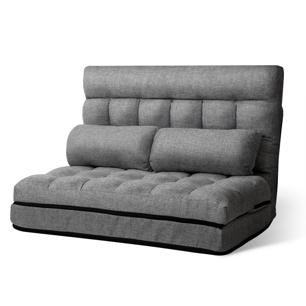 Grey linen 2-seat floor lounger upright on white background, three-quarter front-right angle, two bolster pillows