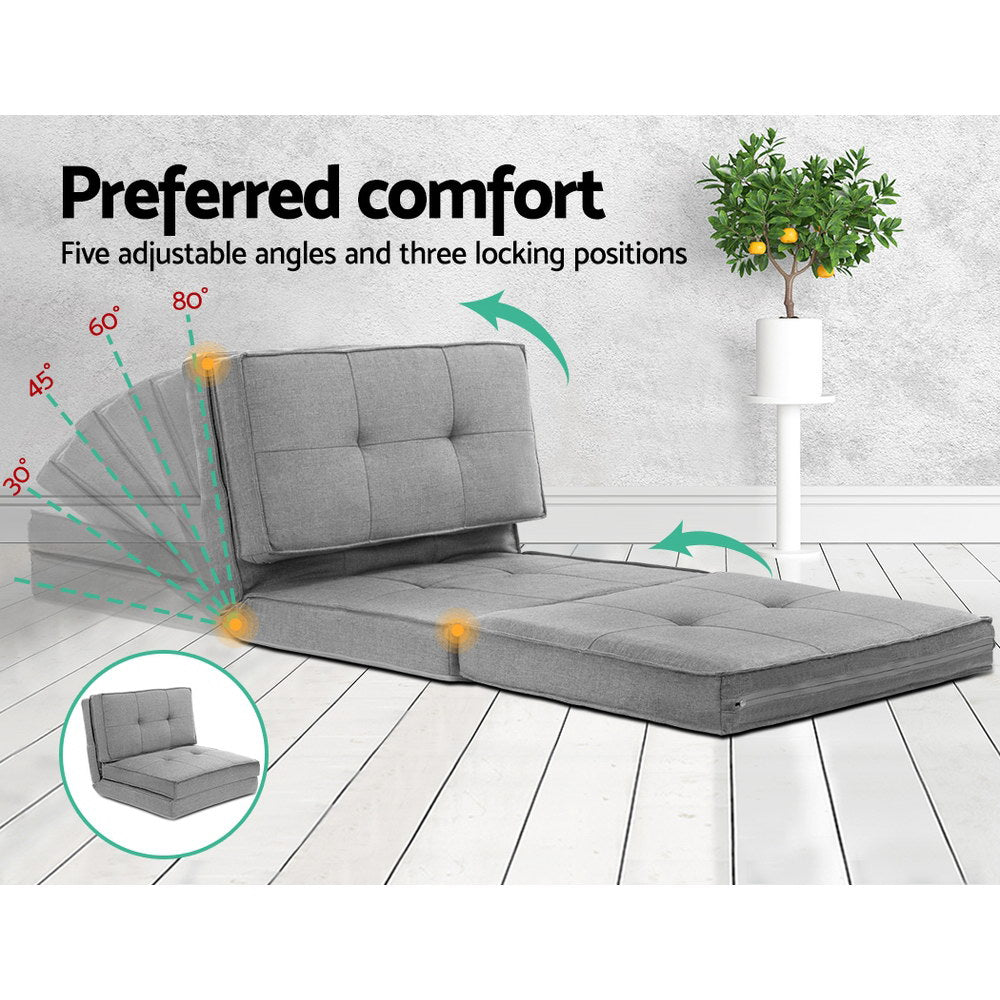 Grey linen floor lounger preferred comfort infographic showing five adjustable angles from 30 to 80 degrees