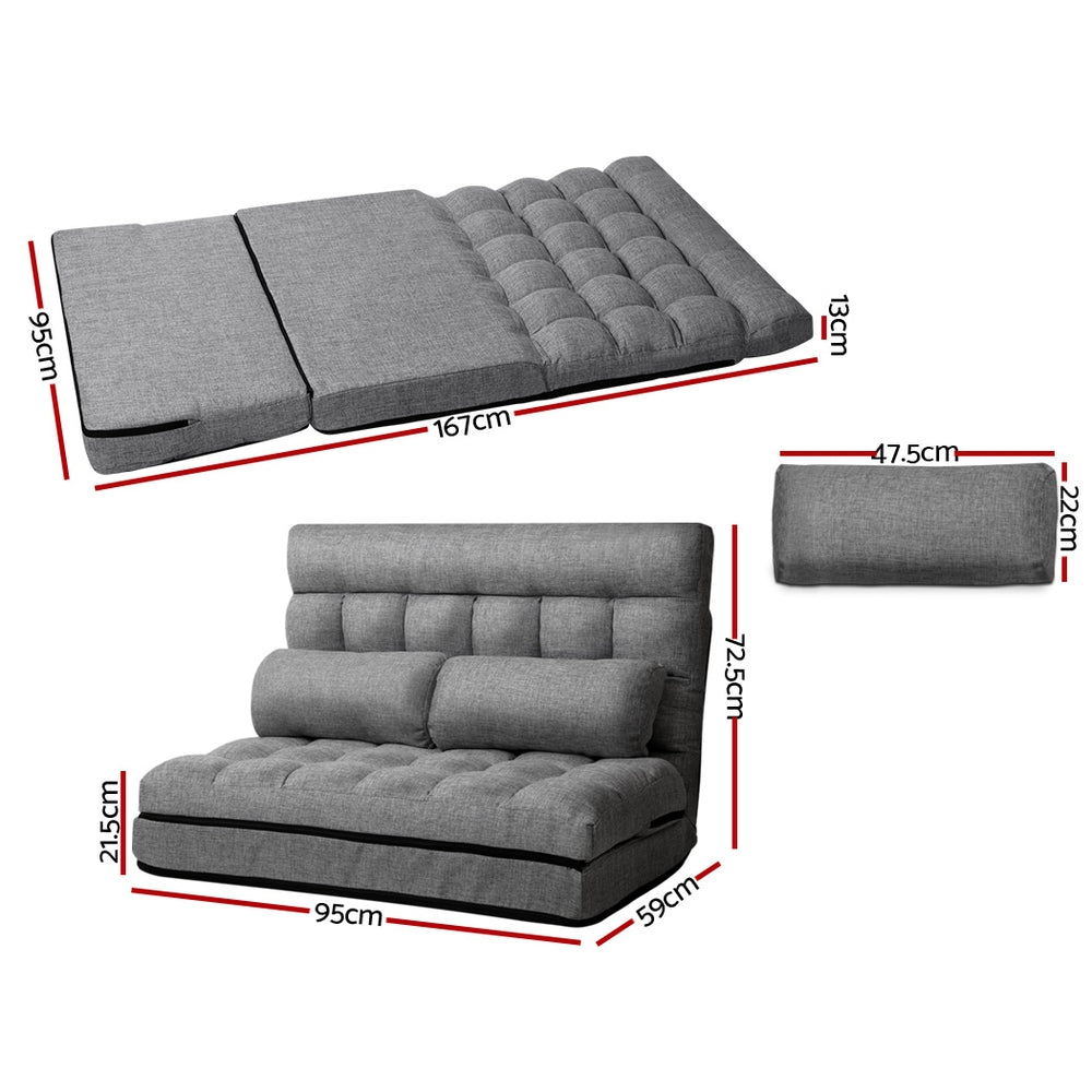 Grey linen floor lounger dimensions flat 167x95x13cm, upright 95x59x72cm, bolster pillow 47.5x22cm