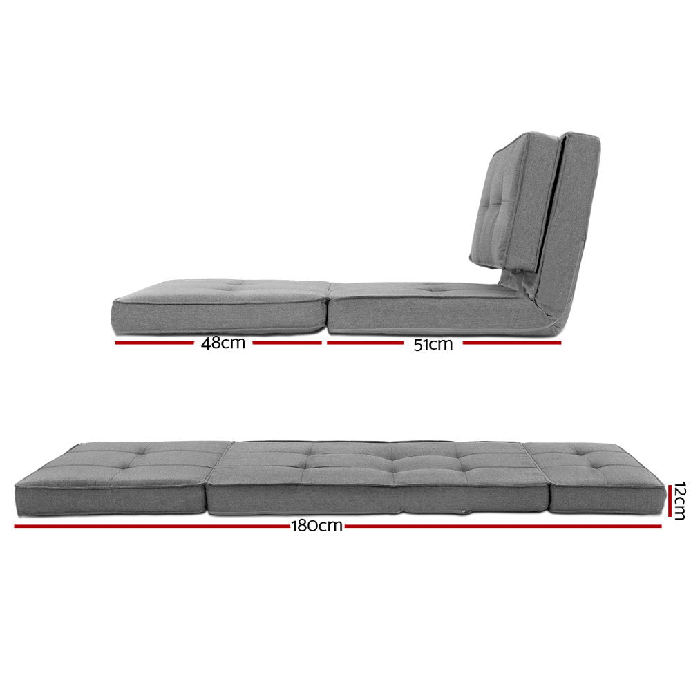 Grey linen floor lounger dimensions: seated 48cm plus 51cm sections, flat bed 180cm long and 12cm height