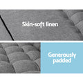 Grey linen floor lounger fabric close-up panels showing skin-soft linen weave and tufted padded surface