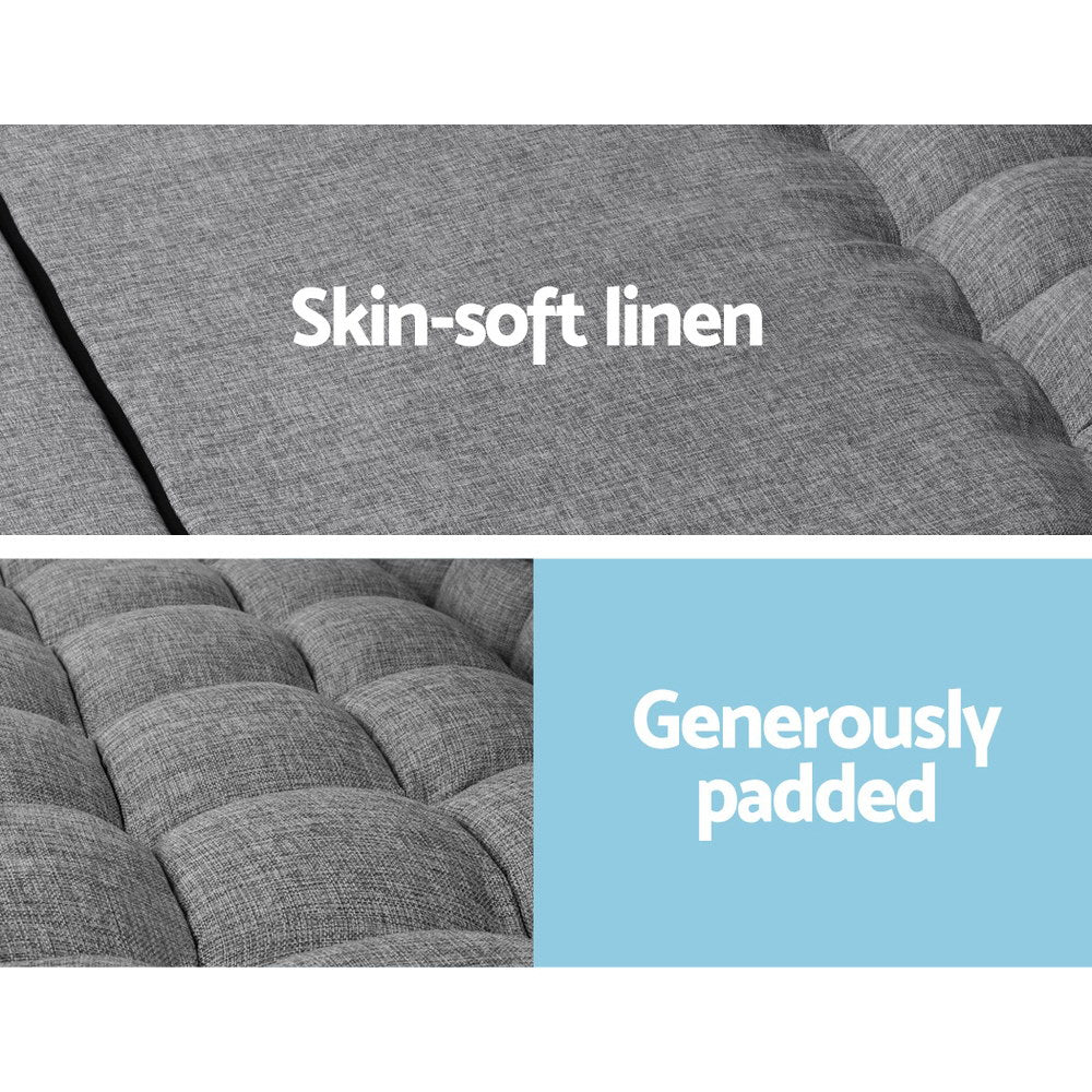 Grey linen floor lounger fabric close-up panels showing skin-soft linen weave and tufted padded surface