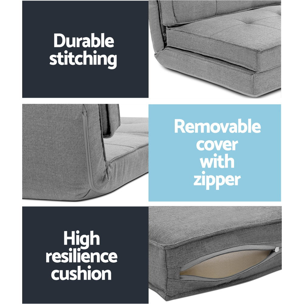Grey linen floor lounger infographic showing durable stitching, removable zip cover and foam cushion interior