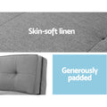 Grey linen floor lounger material infographic showing linen fabric close-up and tufted padded cushion