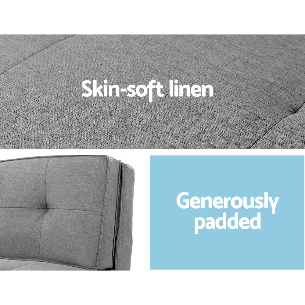 Grey linen floor lounger material infographic showing linen fabric close-up and tufted padded cushion