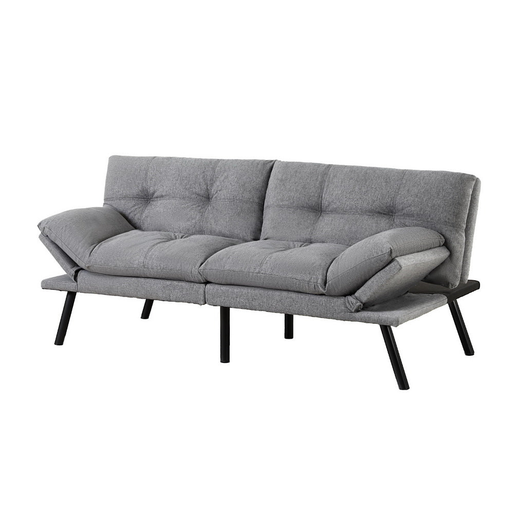 Dark grey linen 2-seat sofa bed with pull-out bed mechanism, cup holders in armrests and two back cushions