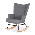 Grey linen button-tufted rocking chair with curved armrests and wood rocker runners on white background
