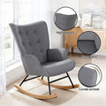 Grey linen rocking chair in lifestyle room with callouts highlighting high backrest, linen fabric and curved armrest details