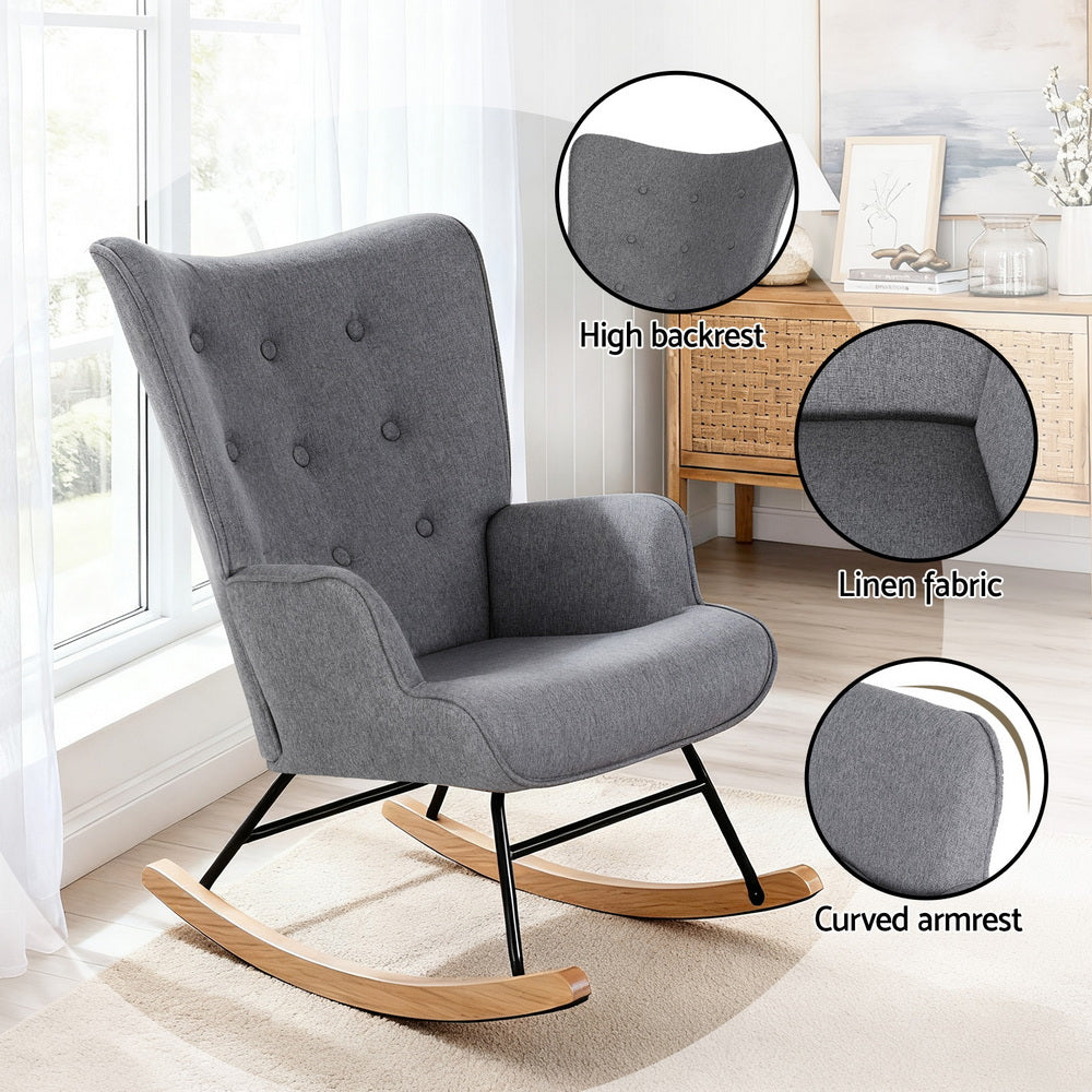 Grey linen rocking chair in lifestyle room with callouts highlighting high backrest, linen fabric and curved armrest details