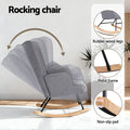Grey linen rocking chair features infographic showing rocking motion, rubber wood legs, metal frame and non-slip pad details