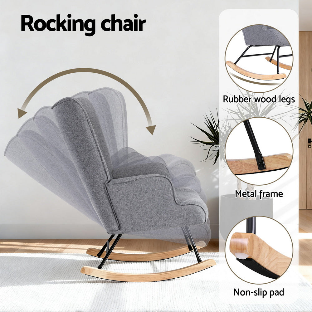 Grey linen rocking chair features infographic showing rocking motion, rubber wood legs, metal frame and non-slip pad details