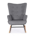 Grey linen rocking chair with tall button-tufted wingback and metal wood rocker base front view on white background