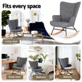 Grey linen rocking chair shown in four room settings: living room, study room, bedroom and balcony with text Fits every space