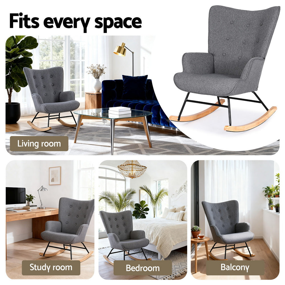 Grey linen rocking chair shown in four room settings: living room, study room, bedroom and balcony with text Fits every space