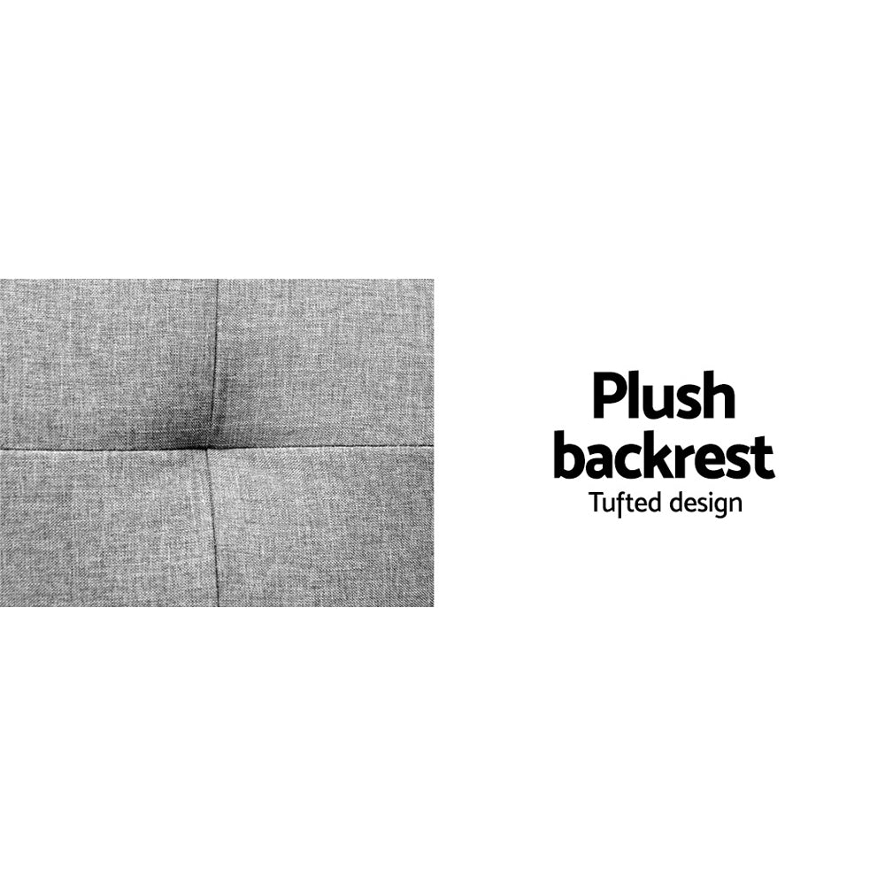 Grey linen sofa bed tufted backrest close-up showing cross-stitch grid pattern with plush backrest caption