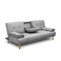 Light grey linen 3-seat sofa bed with fold-down cupholder tray open, two bolster arm pillows and wood legs