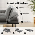 Dark grey linen sofa bed dimensions diagram 150cm wide 88cm deep 86cm tall with pull-out handle detail