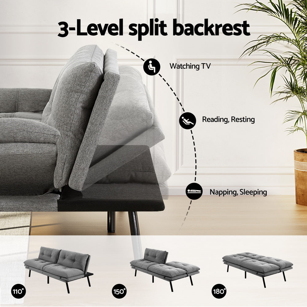 Dark grey linen sofa bed dimensions diagram 150cm wide 88cm deep 86cm tall with pull-out handle detail