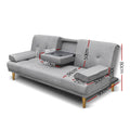 Grey linen sofa bed dimensions diagram 90cm wide 80cm tall with fold-down tray 38cm wide, armrests 50cm each