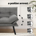 Grey linen sofa bed with pull-out trundle extended showing 190cm total length and 62cm height measurements