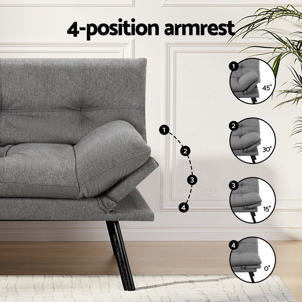 Grey linen sofa bed with pull-out trundle extended showing 190cm total length and 62cm height measurements