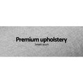 Grey linen sofa bed fabric close-up with premium upholstery smooth touch caption on light background