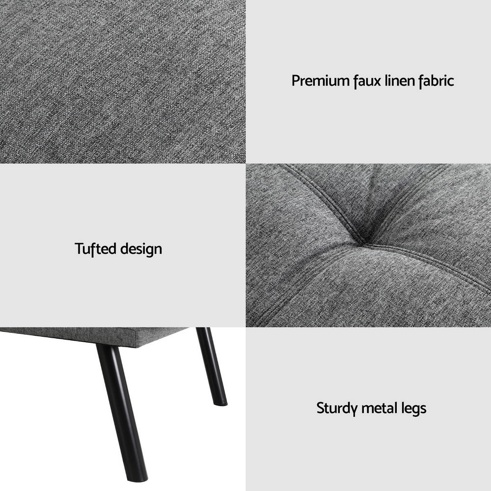 Dark grey linen sofa bed with trundle fully extended from left angle, back cushions flat, cup holders in armrests