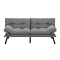 Dark grey linen sofa bed with pull-out trundle extended on white background, cup holders in both armrests visible