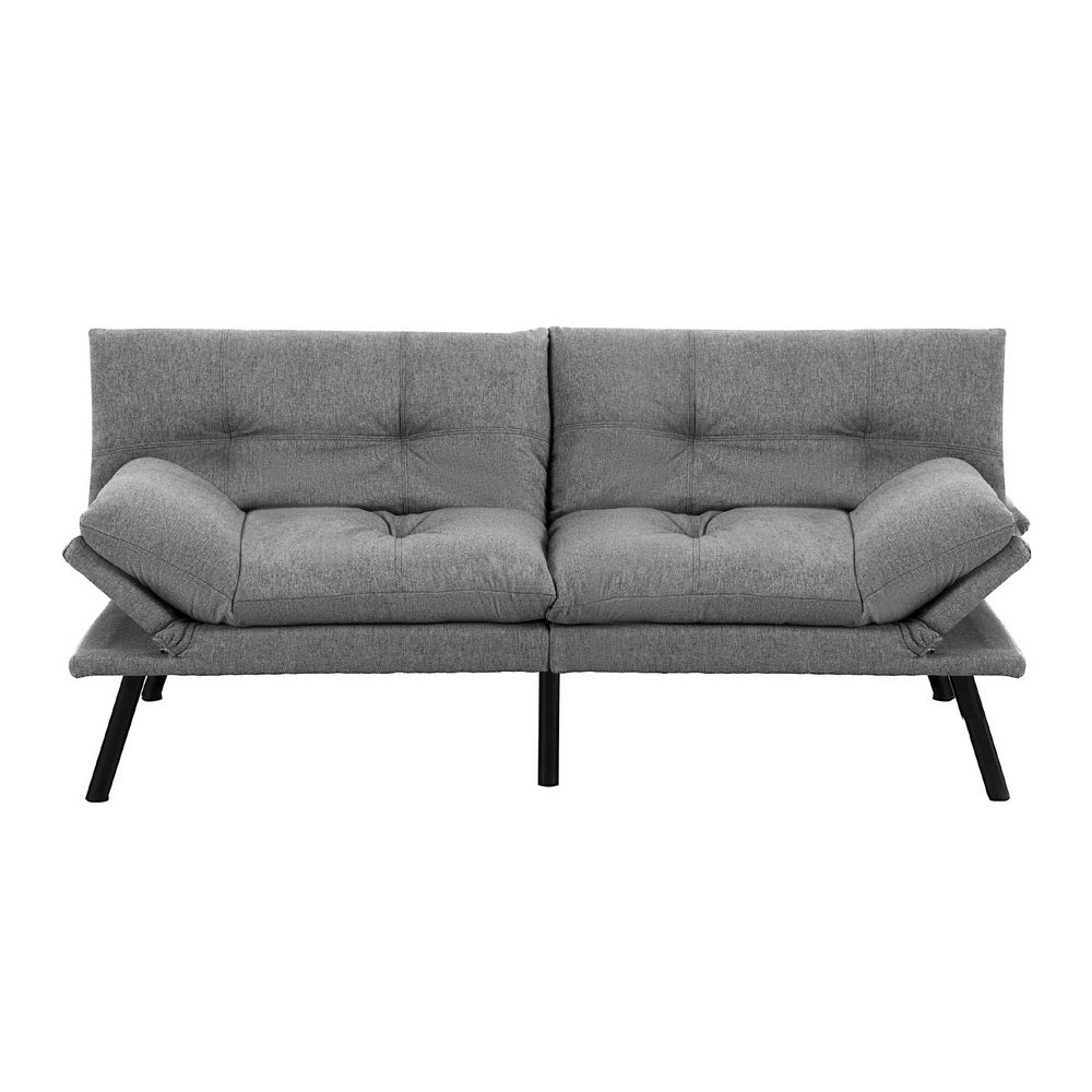 Dark grey linen sofa bed with pull-out trundle extended on white background, cup holders in both armrests visible