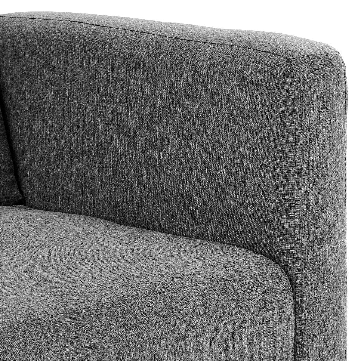 Close-up of medium grey linen fabric at sofa backrest corner showing rounded edge on white background