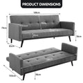 Grey linen sofa bed product dimensions diagram 188cm wide 79cm height upright and 103cm depth flat