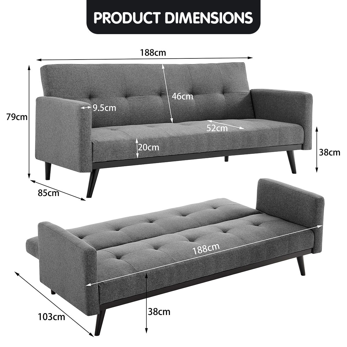 Grey linen sofa bed product dimensions diagram 188cm wide 79cm height upright and 103cm depth flat
