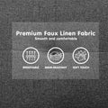 Premium Faux Linen Fabric feature panel showing breathable wear-resistant and soft touch icons