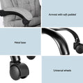 Grey fabric massage office chair component details showing padded armrests metal base and universal wheels