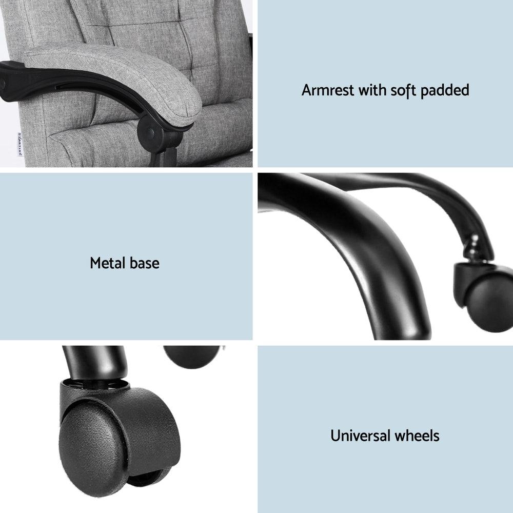 Grey fabric massage office chair component details showing padded armrests metal base and universal wheels