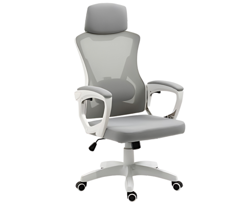 Grey mesh high-back office chair with white frame, headrest, armrests and casters on white background