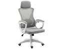 Grey mesh high-back office chair with white frame, headrest, armrests and casters on white background