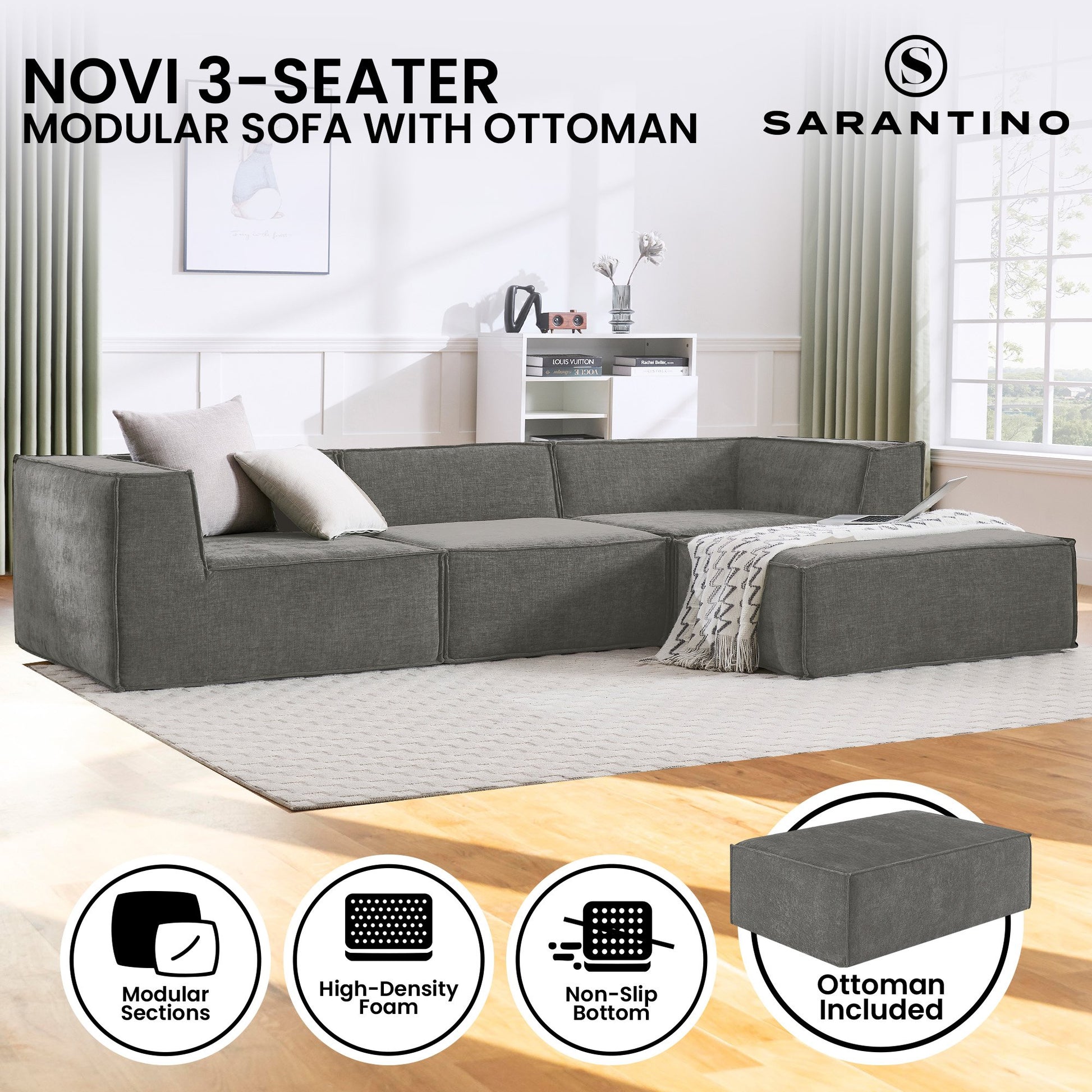 Dark grey modular 2-seat sofa configuration with left arm and right corner section on white background
