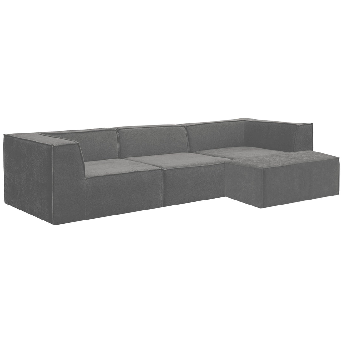 Dark grey modular L-shaped sofa with ottoman on white background, no visible legs, three interlocking sections