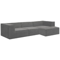 Dark grey modular sofa with ottoman, three-quarter front-right angle on white background showing seat depth