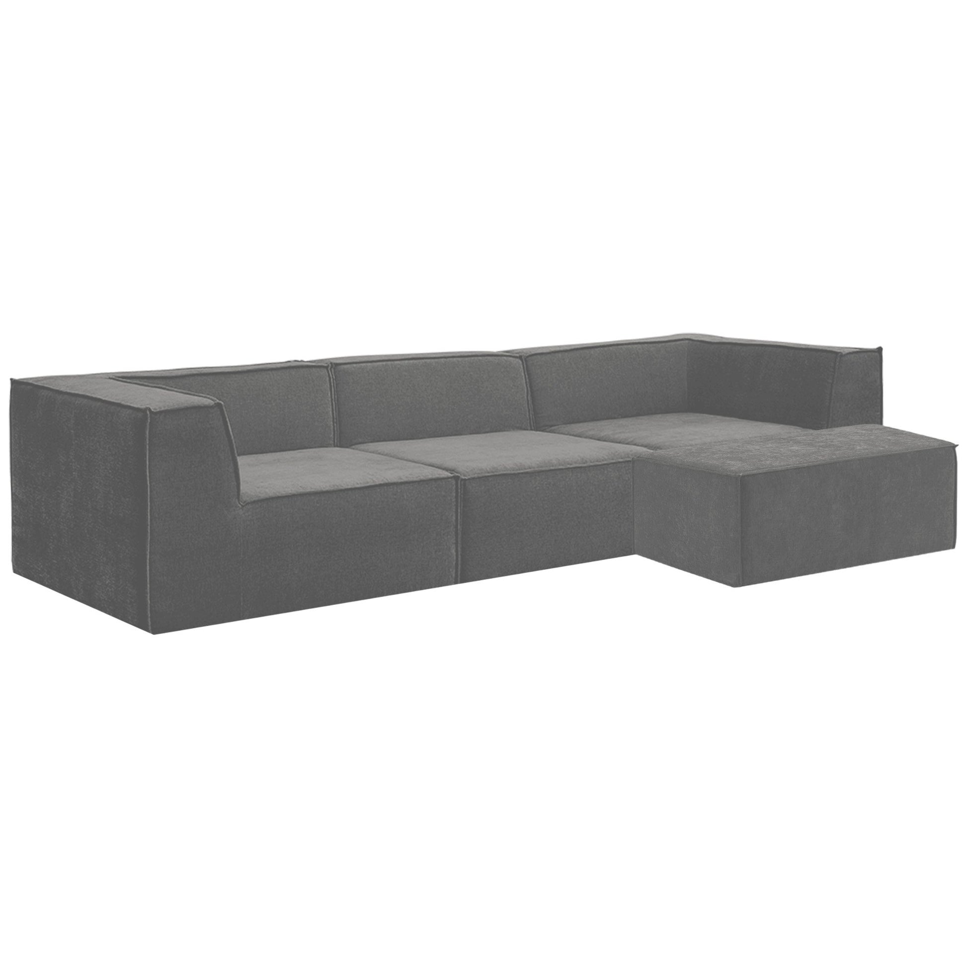 Dark grey modular sofa with ottoman, three-quarter front-right angle on white background showing seat depth